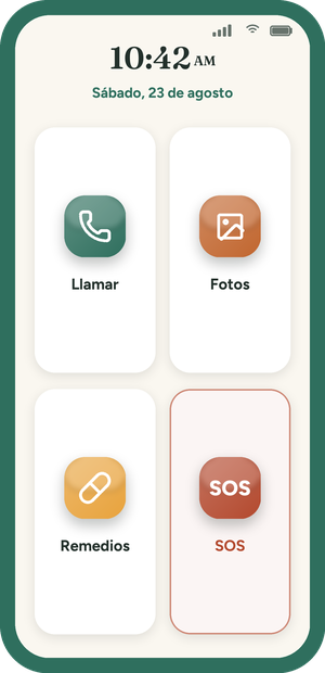 Mockup de la pantalla principal del adulto mayor: hora y fecha grandes, y 4 botones — Llamar, Fotos, Remedios, Ayuda