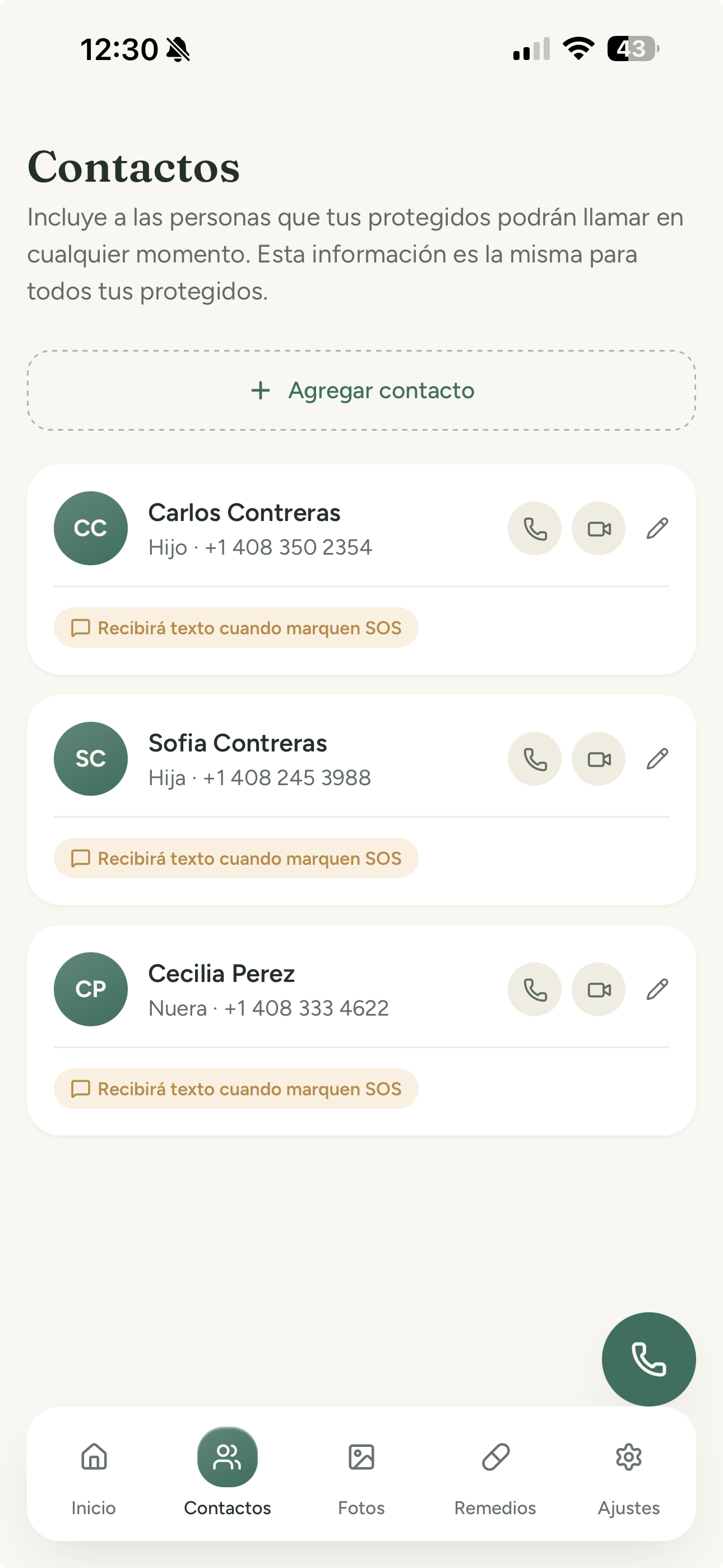 Panel de contactos: quién puede llamar y quién recibe el SOS