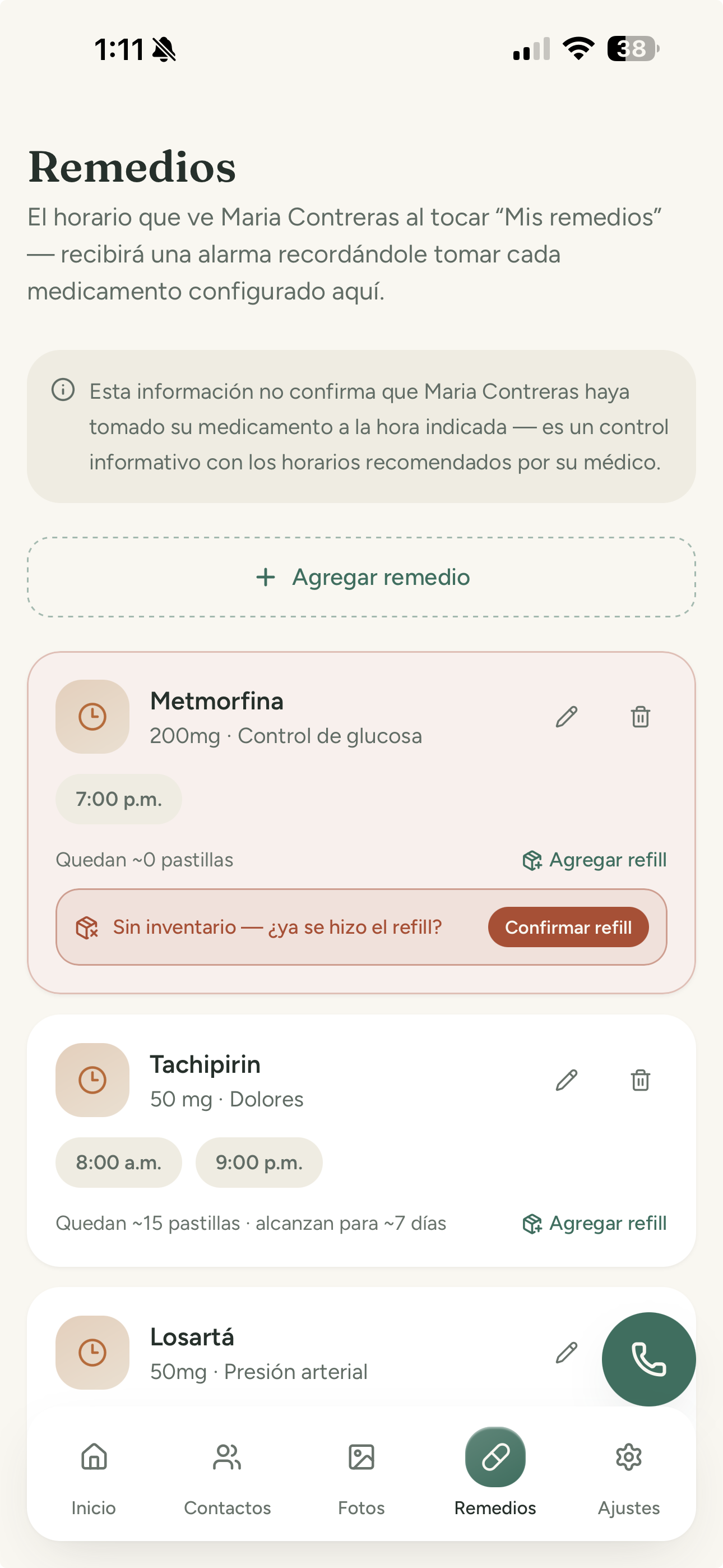 Lista de medicamentos con horarios y estado de inventario